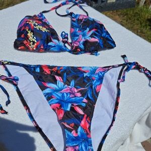 Floral Bikini Set with Blue and Pink Accents